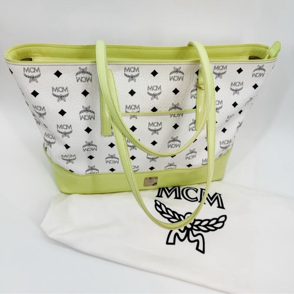 MCM Tote Bag White Yellow Visetos Shopper Authentic Leather Zipper Purse Handbag - Picture 1 of 15